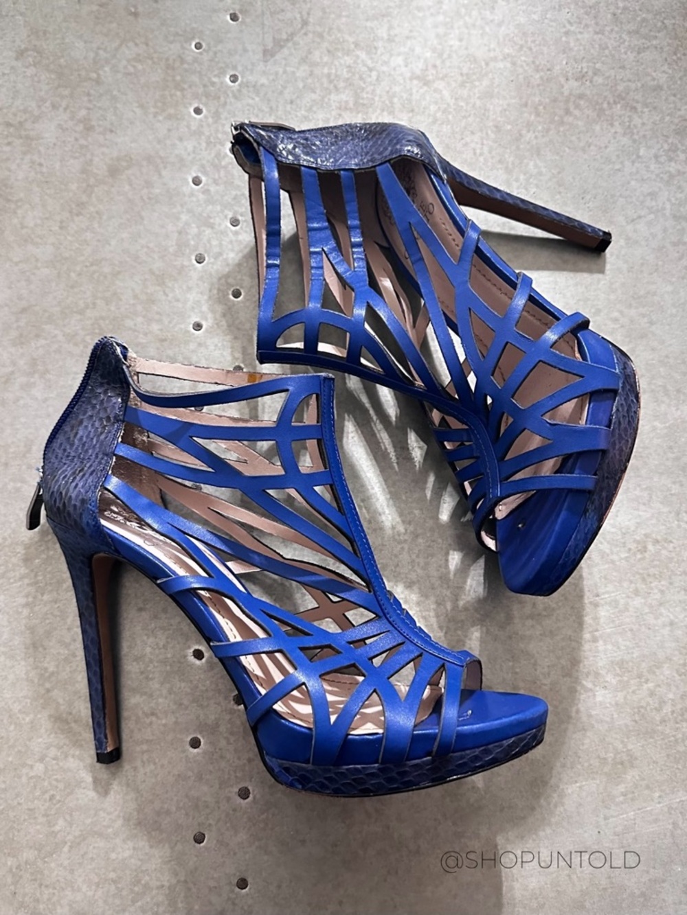 Vince Camuto Blue Cobalt Cage Heel Sandals Snakeskin Platform Zip Size 7